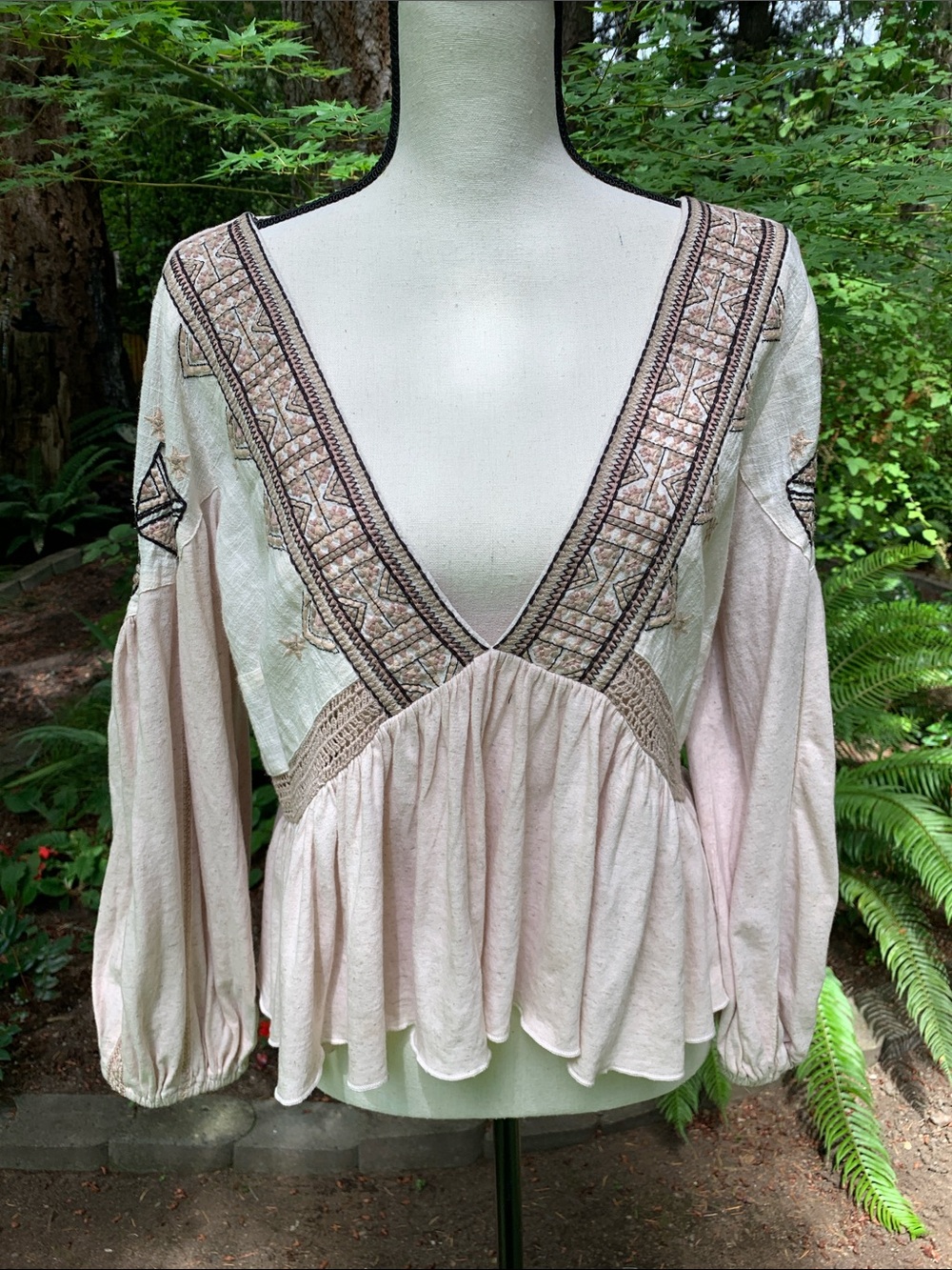 Free People Blush Pink Embroidered V-Neck Peplum Blouse